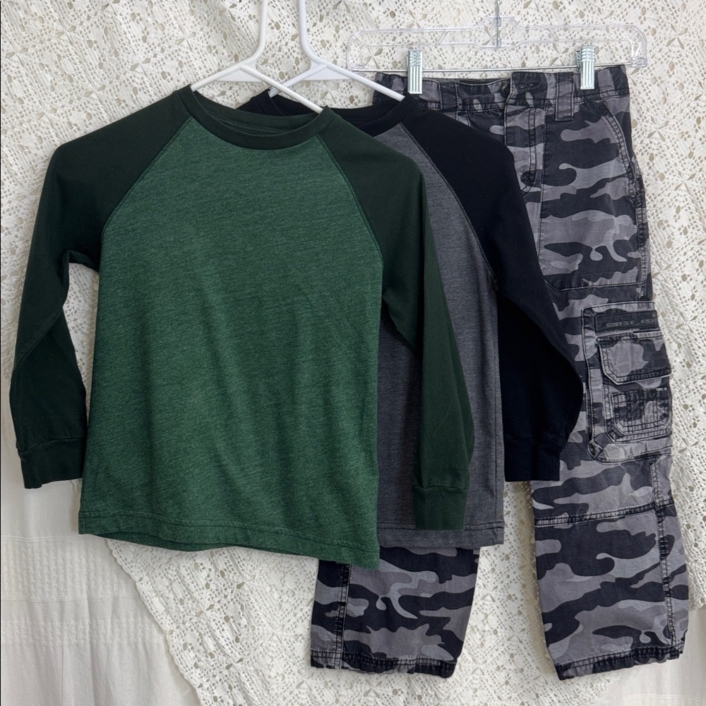 Old Navy Set Black and Green Shirts with Gray Camouflage Pants